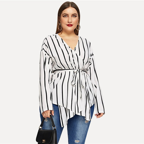 White Asymmetrical V-neck Belted Striped Blouses - Kingz Court